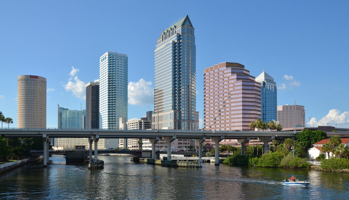 The downtown Tampa skyline across Hillsborough Bay in Tampa, Florida
