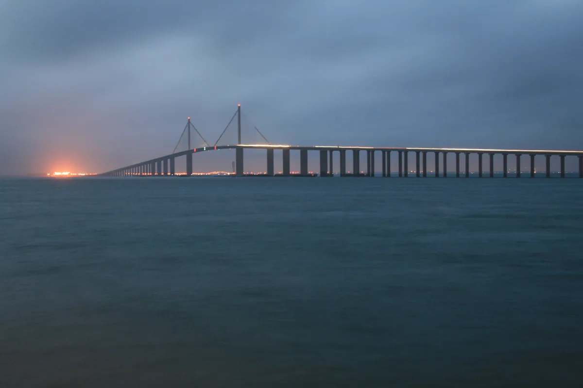 The Sunshine Skyway Bridge spanning lower Tampa Bay, seen from the St. Petersburg pier